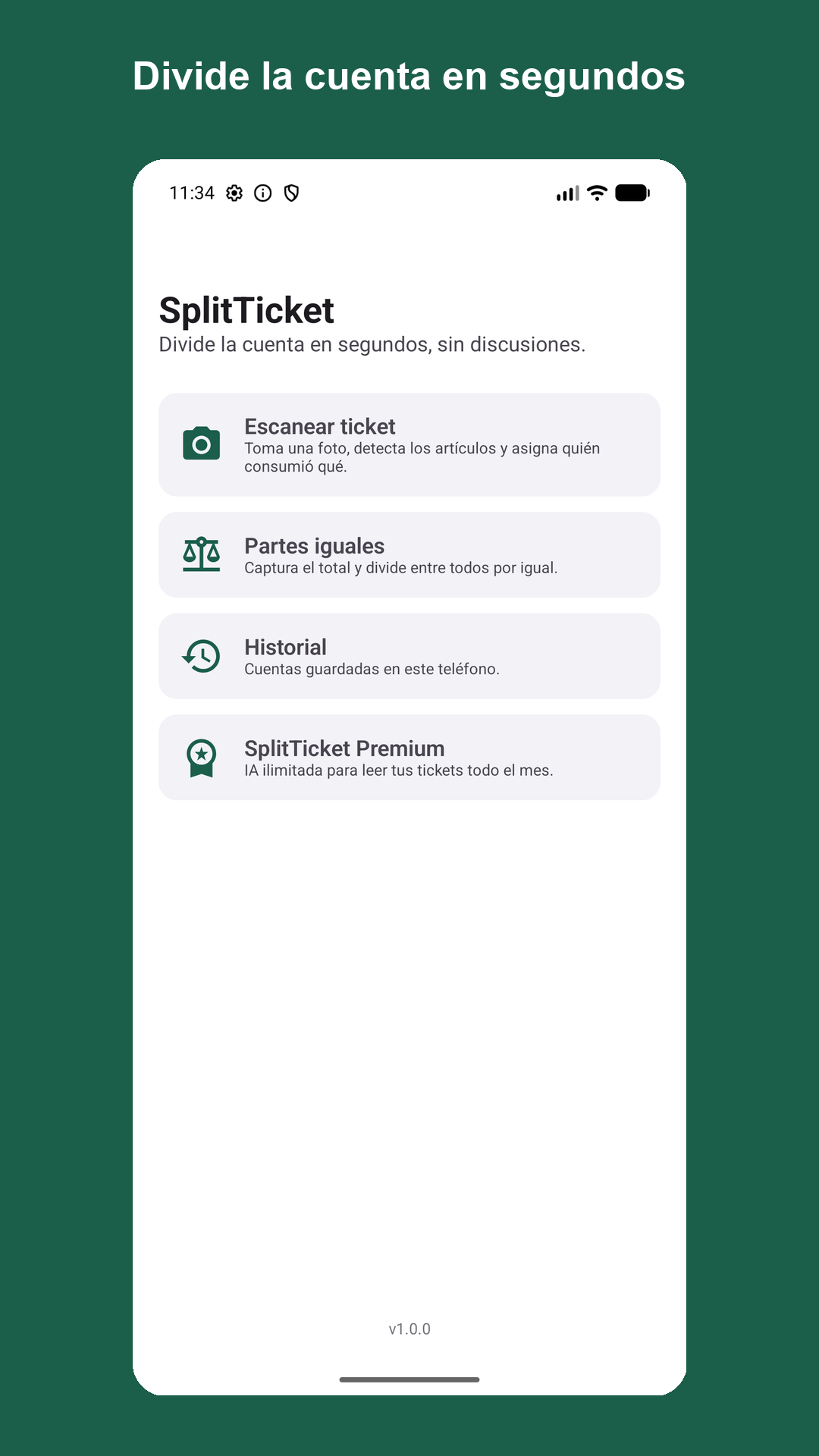 Pantalla de inicio de SplitTicket