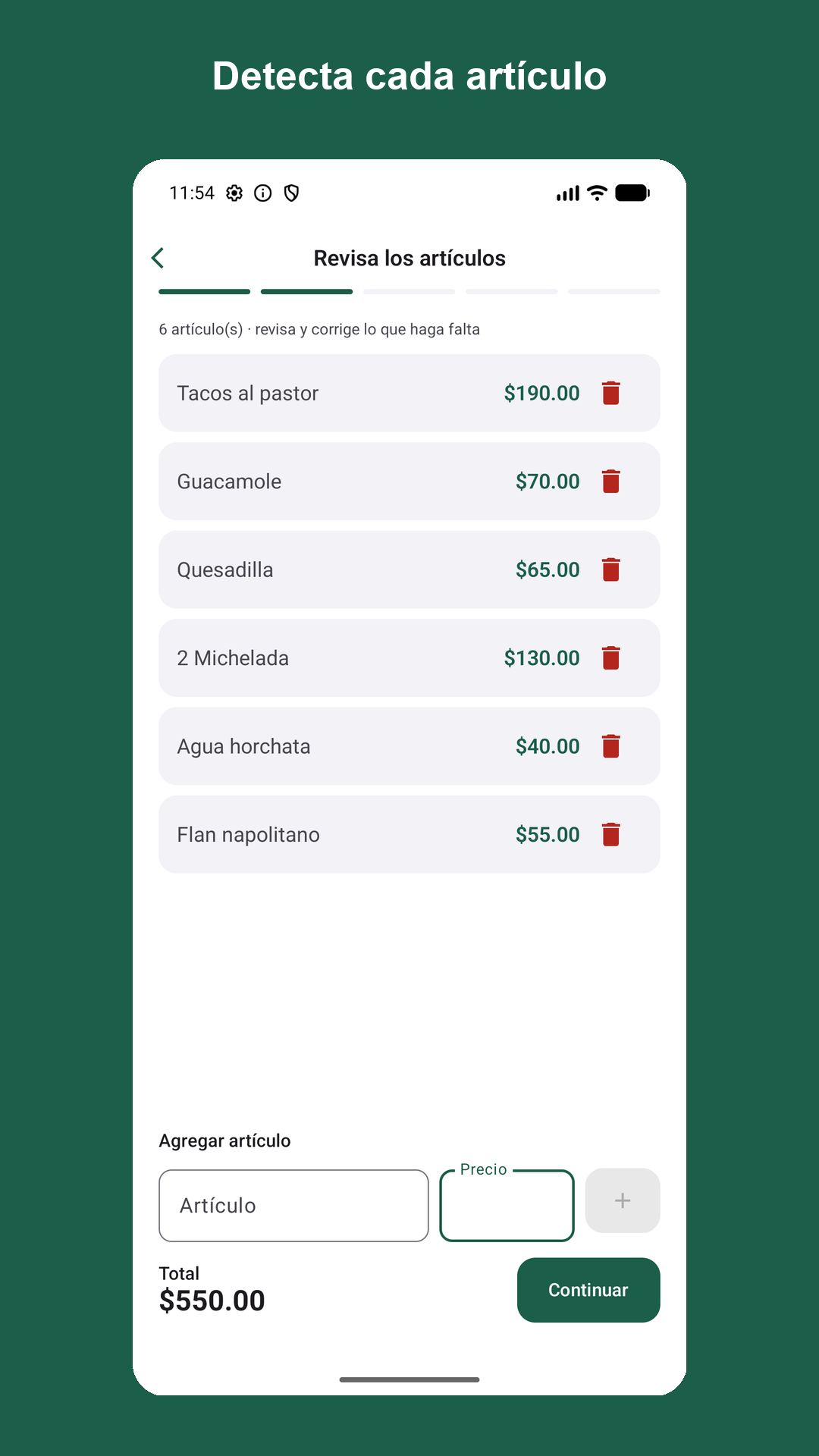 Pantalla de SplitTicket mostrando los artículos detectados del ticket