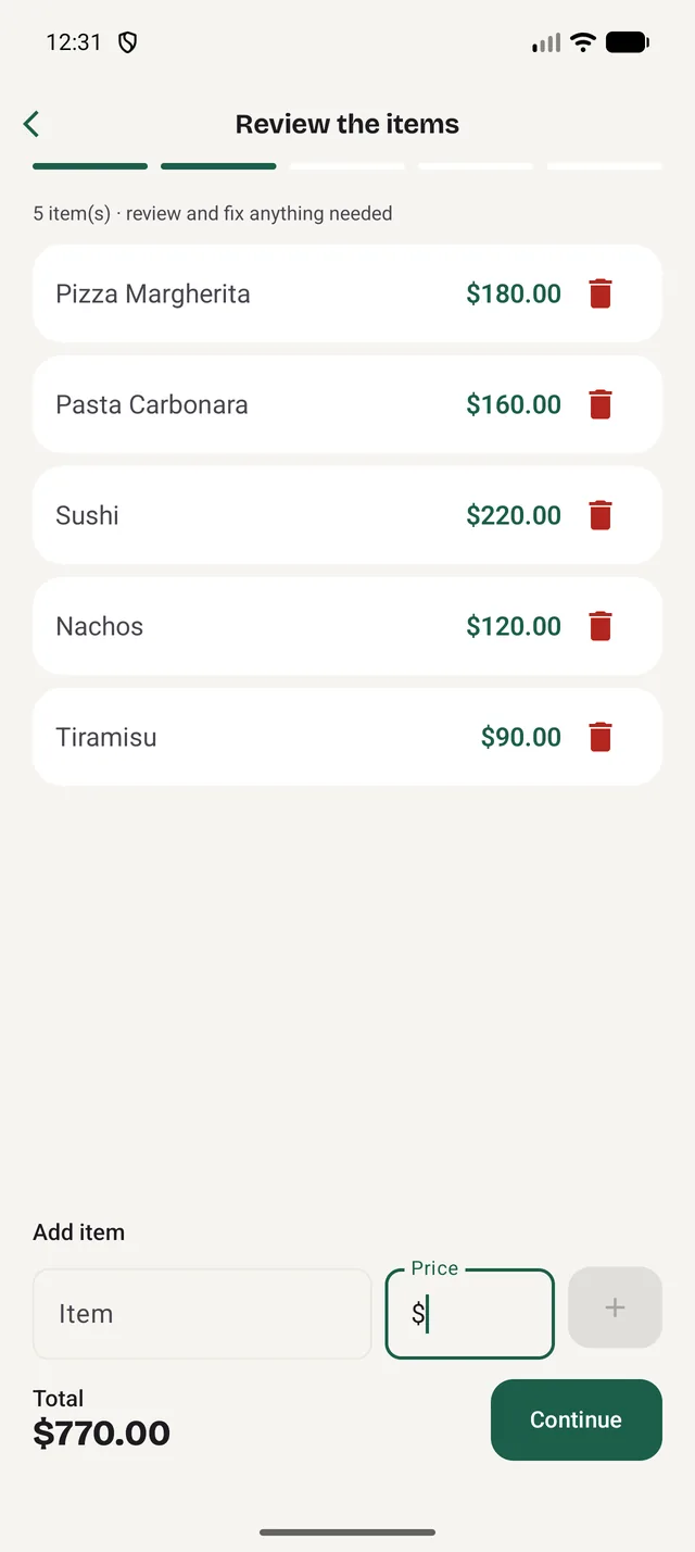 Artículos detectados del ticket