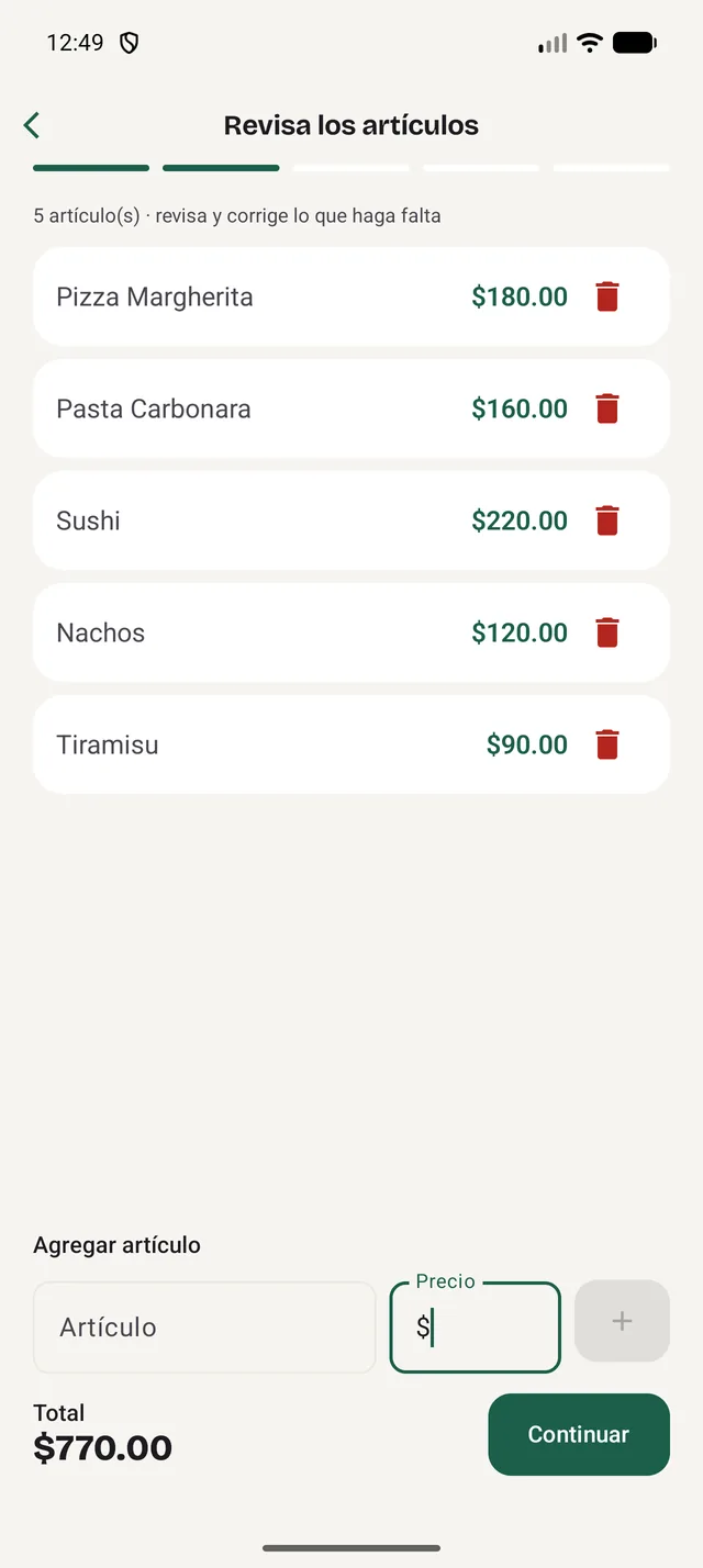 Artículos detectados del ticket